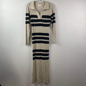 Sancia Ribbed Knit Maxi Dress Beige Black Stripe Collared V-Neck Long Sleeve S